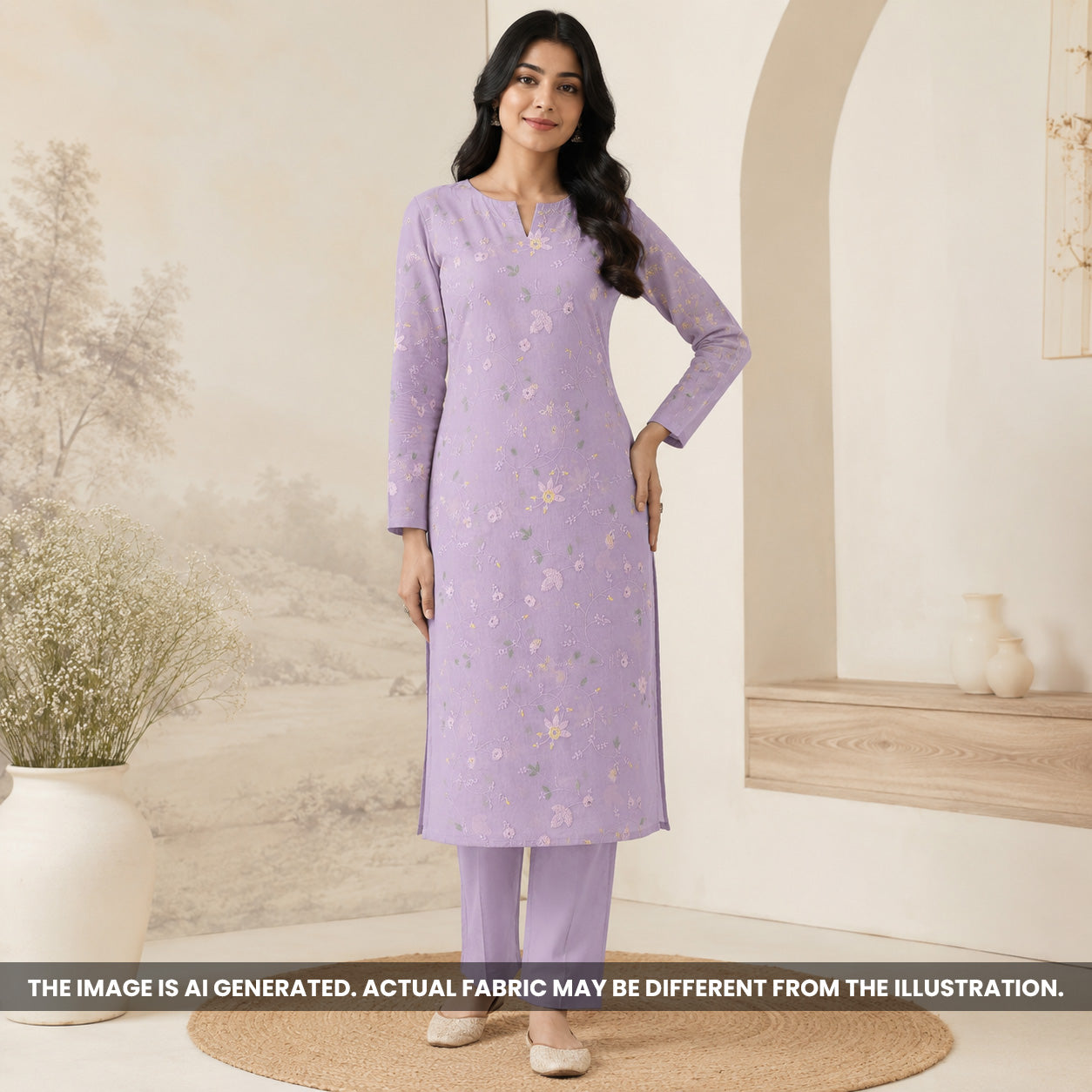 Indian model wearing a lavender kurti made from Thread Sequins Embroidered Mul Chanderi fabric F6978
