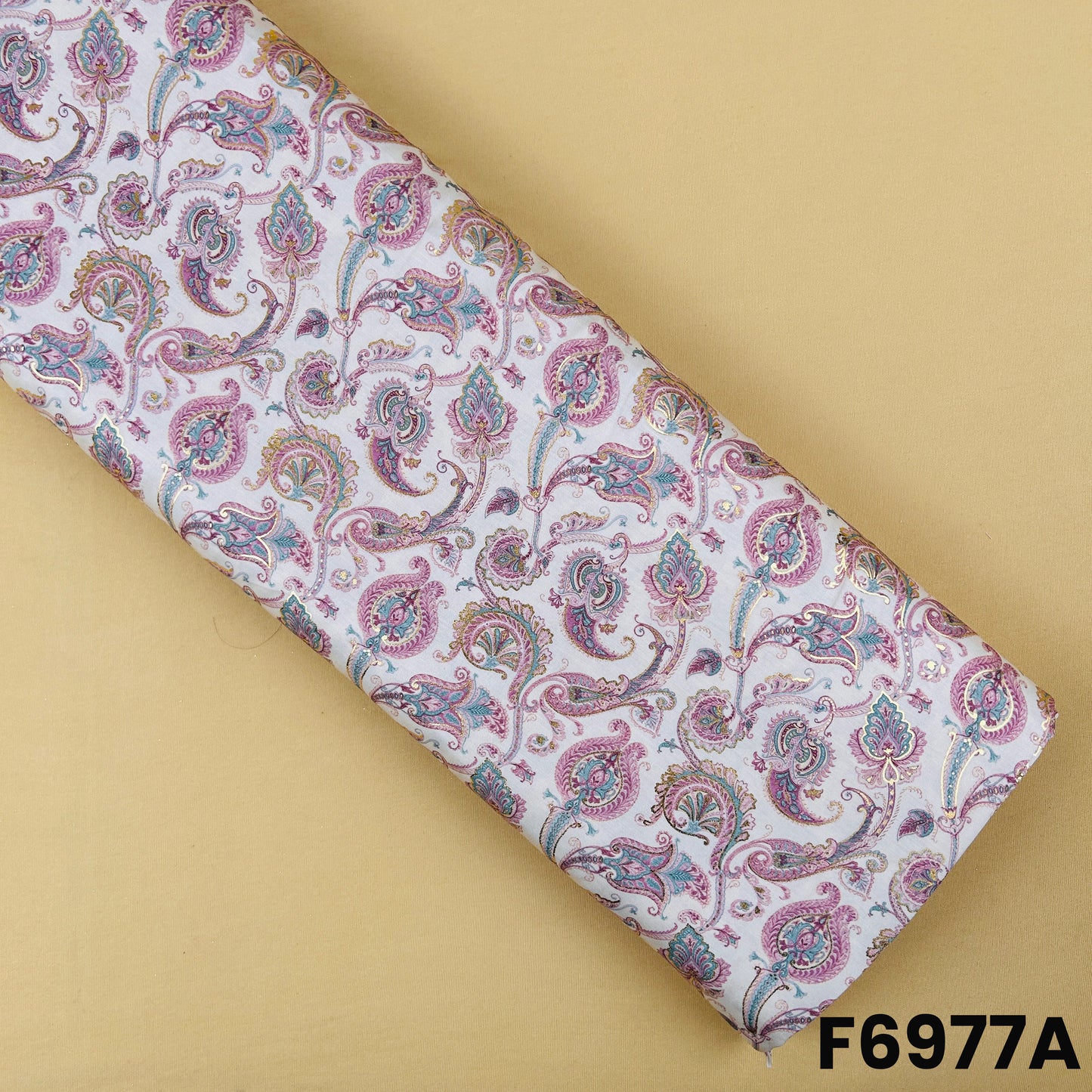Lavender semi silk fabric F6977A featuring paisley floral motifs with subtle metallic foil accents