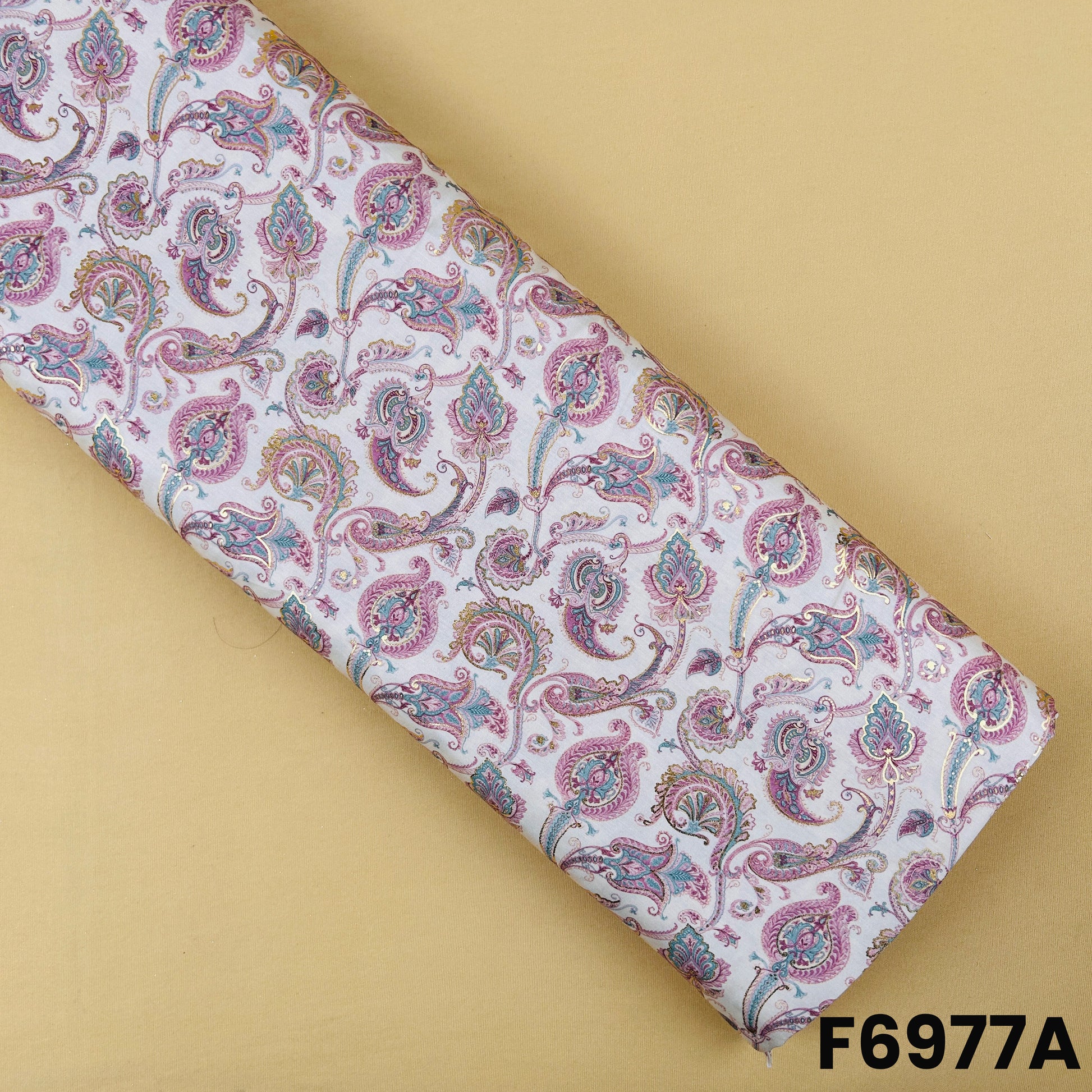 Lavender semi silk fabric F6977A featuring paisley floral motifs with subtle metallic foil accents