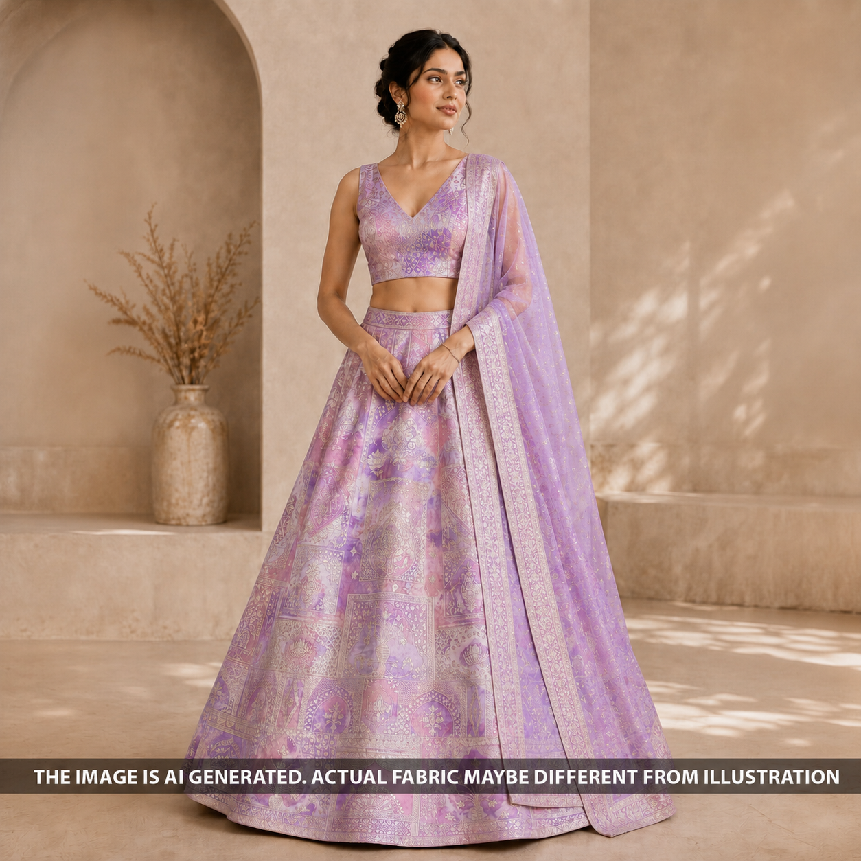 Indian model wearing a lavender lehenga made from FabricRoot F6896 zari work shimmer tissue fabric