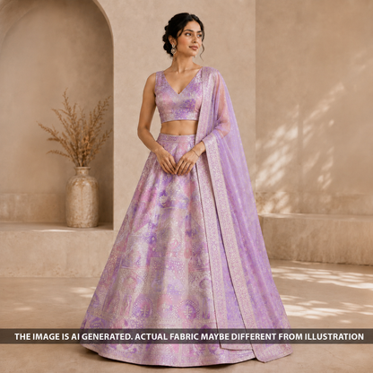 Indian model wearing a lavender lehenga made from FabricRoot F6896 zari work shimmer tissue fabric