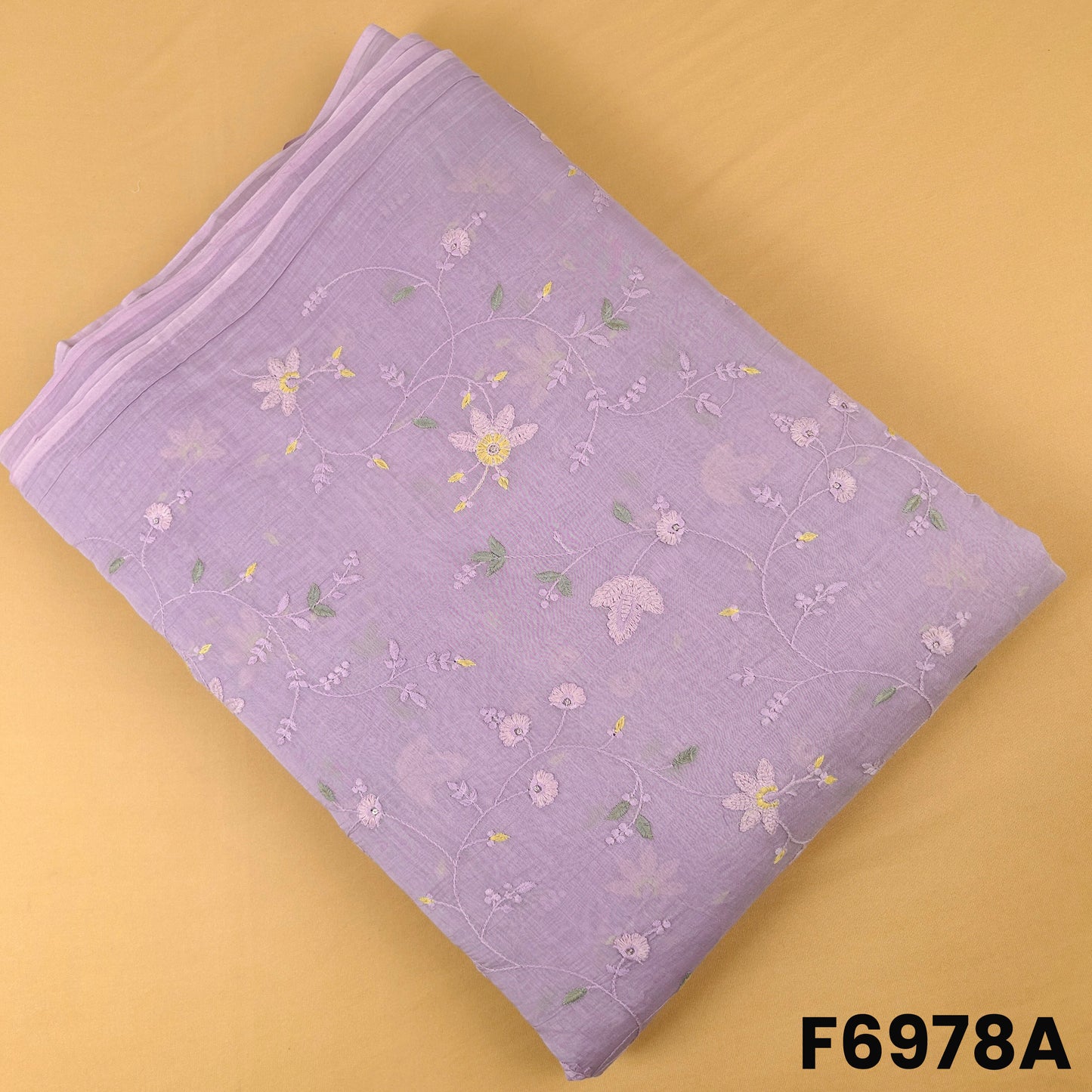 Lavender Mul Chanderi fabric F6978A featuring delicate floral embroidery with light sequins shine