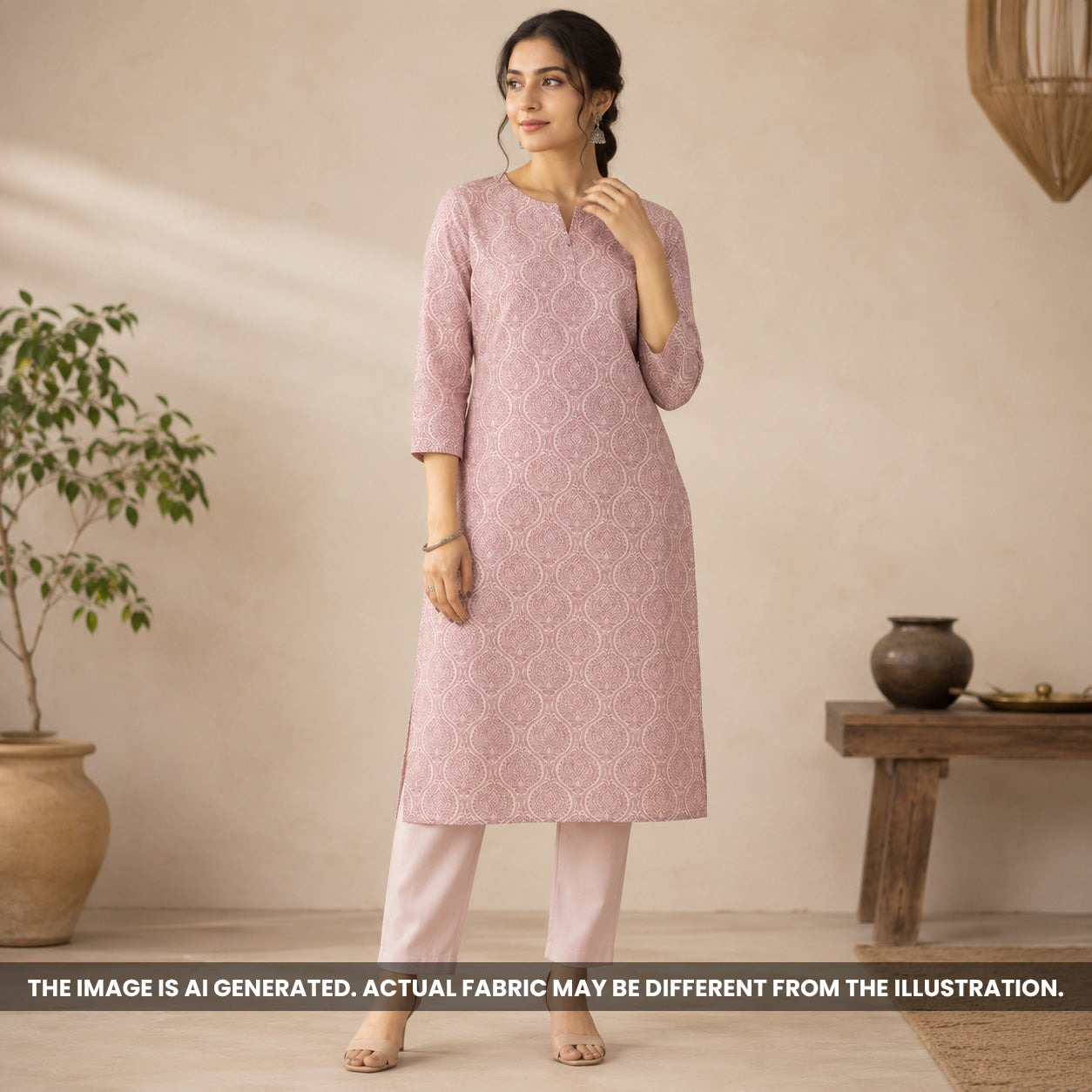 Indian woman wearing a lilac printed kurti made from lightweight Semi Linen fabric F6970