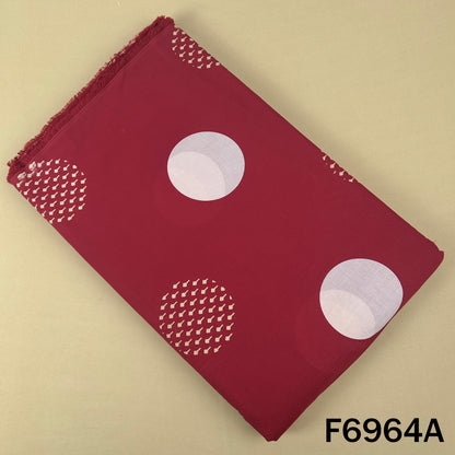 Maroon printed cotton fabric F6964A featuring bold white circles and dotted geometric accents