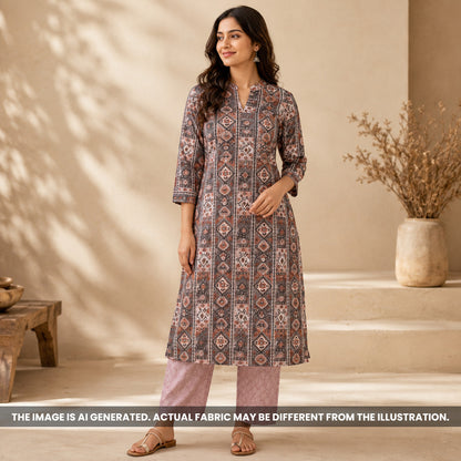 Indian woman wearing a mauve printed kurti made from breathable Semi Linen fabric F6971
