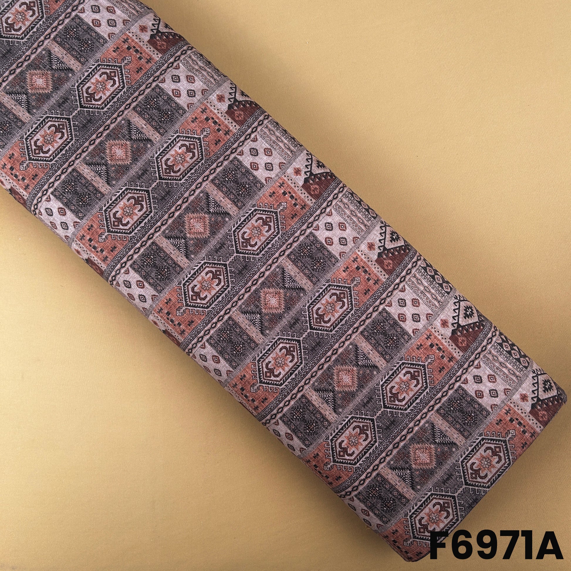 Mauve Semi Linen fabric F6971A featuring handcrafted-style geometric panels with a soft ethnic finish