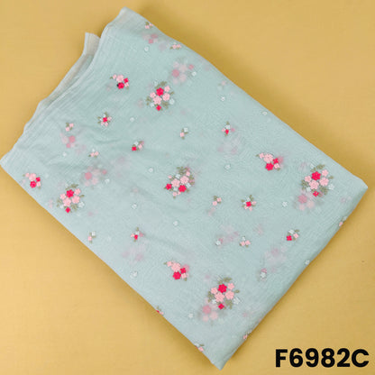 Mint green Mul Chanderi fabric F6982C with subtle red floral embroidery and delicate vine accents