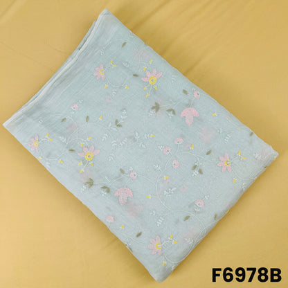 Mint green Mul Chanderi fabric F6978B decorated with soft floral motifs and refined sequins detailing