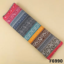 Printed rayon fabric F6990 with multicolor ethnic stripes, paisley panels and ornamental border-style artwork