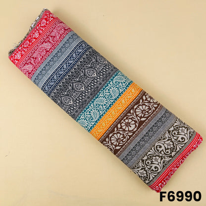 Printed rayon fabric F6990 with multicolor ethnic stripes, paisley panels and ornamental border-style artwork