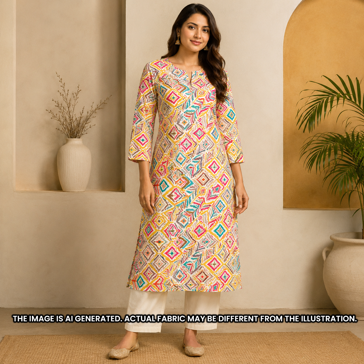 Woman wearing a relaxed multicolor kaftan created with geometric printed rayon fabric F6945