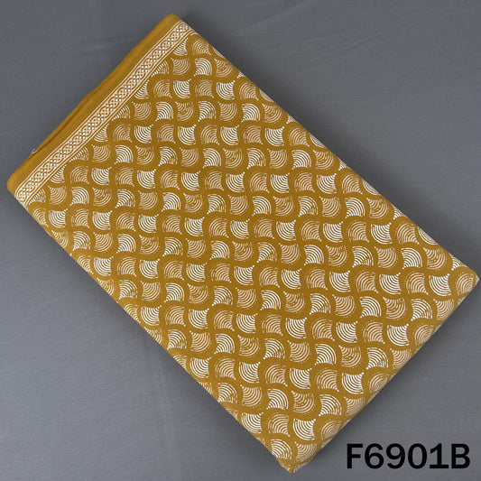 Mustard yellow block print cotton fabric F6901B decorated with contrasting white leafy elements