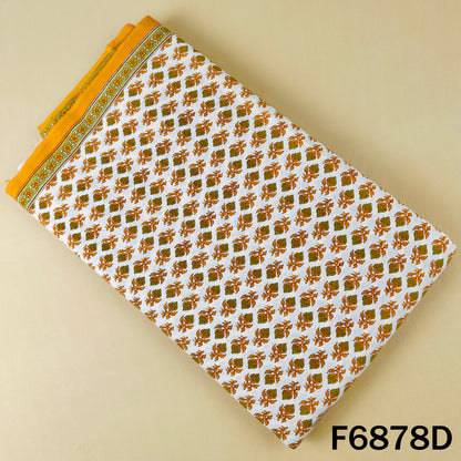 Mustard block print cotton fabric F6878D with ethnic floral print on white base