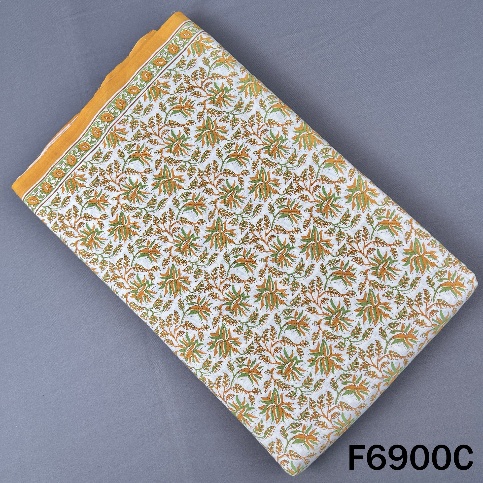 Mustard floral print cotton fabric F6900C with olive botanical motifs suited to ethnic garments