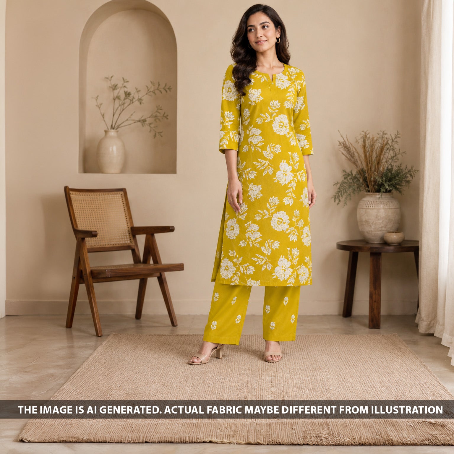 Indian model wearing a mustard floral kurti made from Printed Cotton fabric F6961