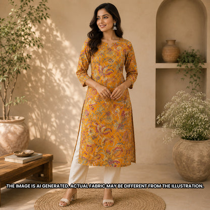 Indian woman wearing a mustard printed rayon kurti designed with the botanical paisley pattern of F6957