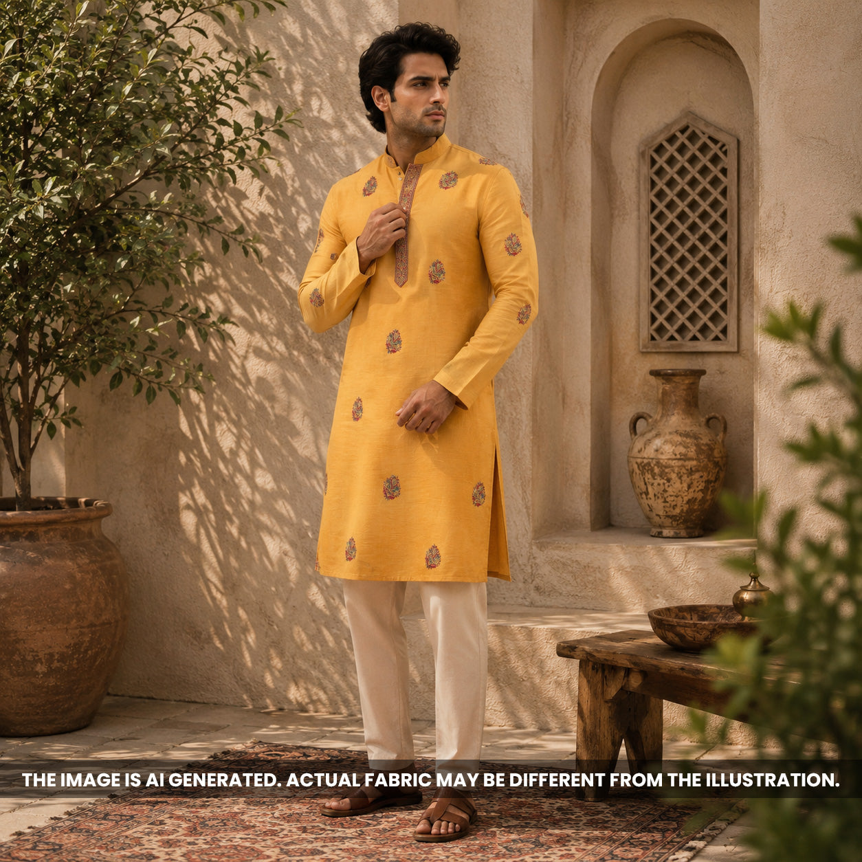 Indian male model styled in a mustard kurta crafted from embroidered semi silk fabric F6979