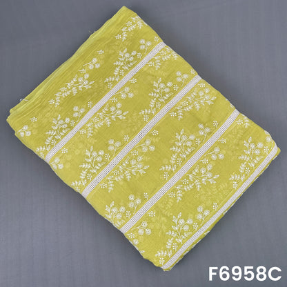 Mustard Mul Chanderi fabric F6958C designed with contrast white floral embroidery for festive garment making