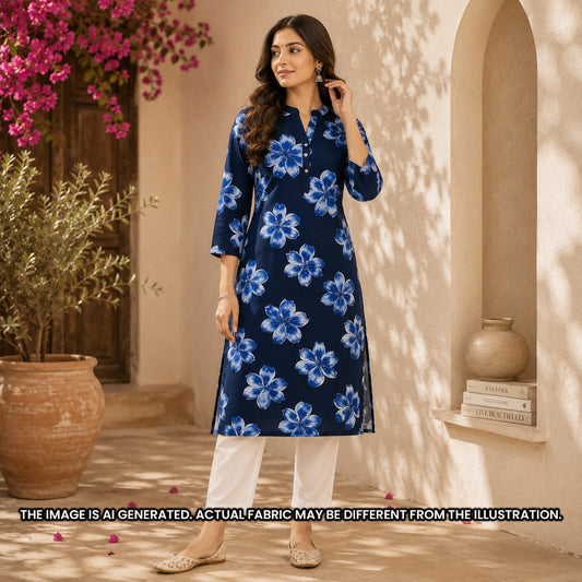 Indian model styled in a navy blue floral kurti created from Printed Rayon fabric F6938