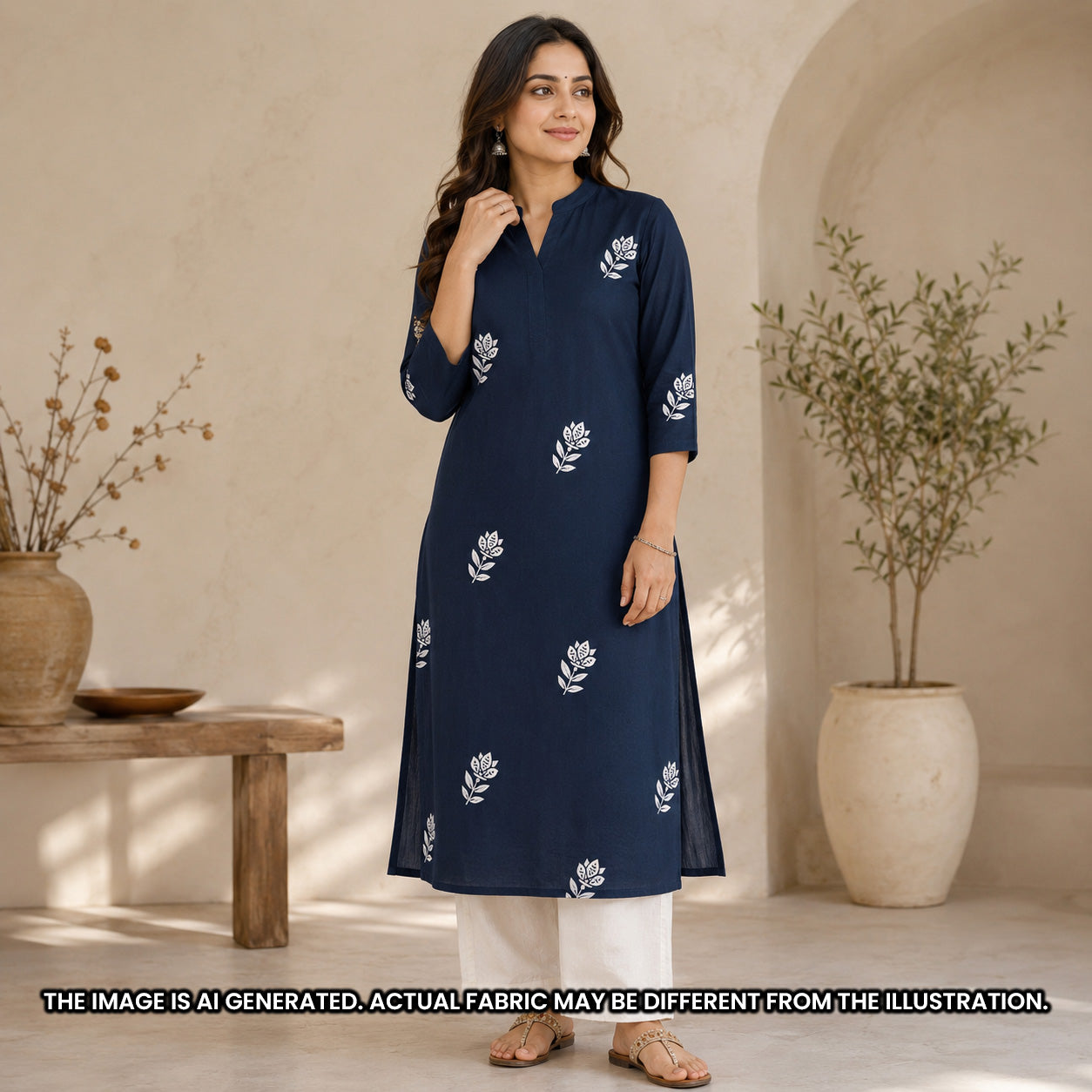 Indian model wearing a navy cotton kurti made from Printed Cotton fabric F6965