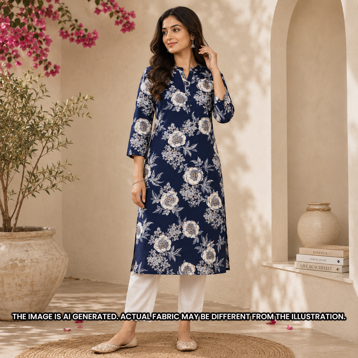 Indian model wearing a navy floral kurti made from lightweight Printed Rayon fabric F6937