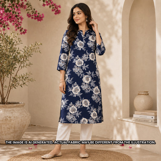 Indian model wearing a navy floral kurti made from lightweight Printed Rayon fabric F6937