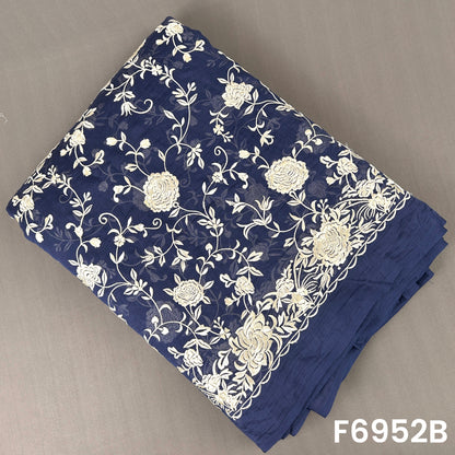 Navy Mul Chanderi fabric F6952B carrying refined ivory botanical embroidery on a dark woven base