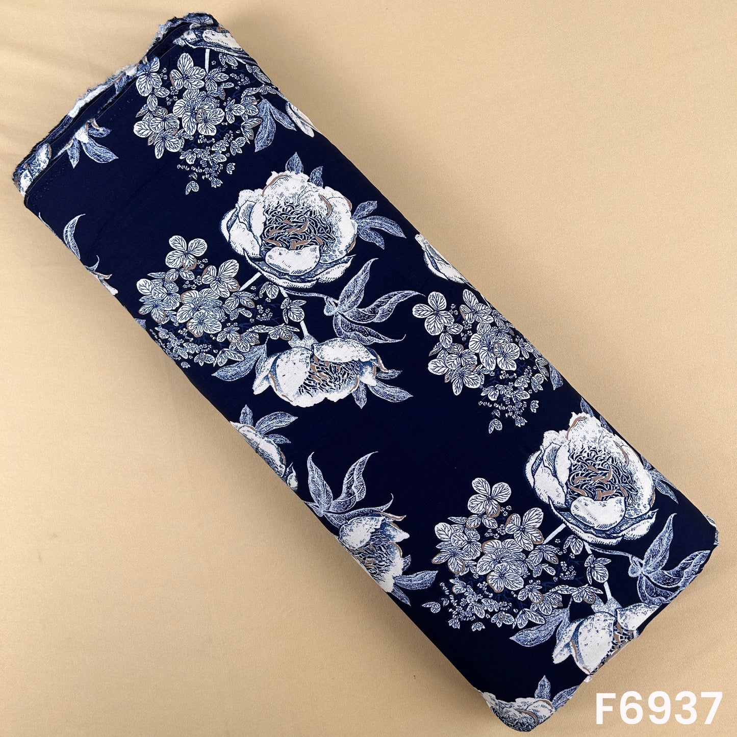 Navy printed rayon fabric F6937 with ivory blooming flowers, soft grey leaves and elegant botanical styling