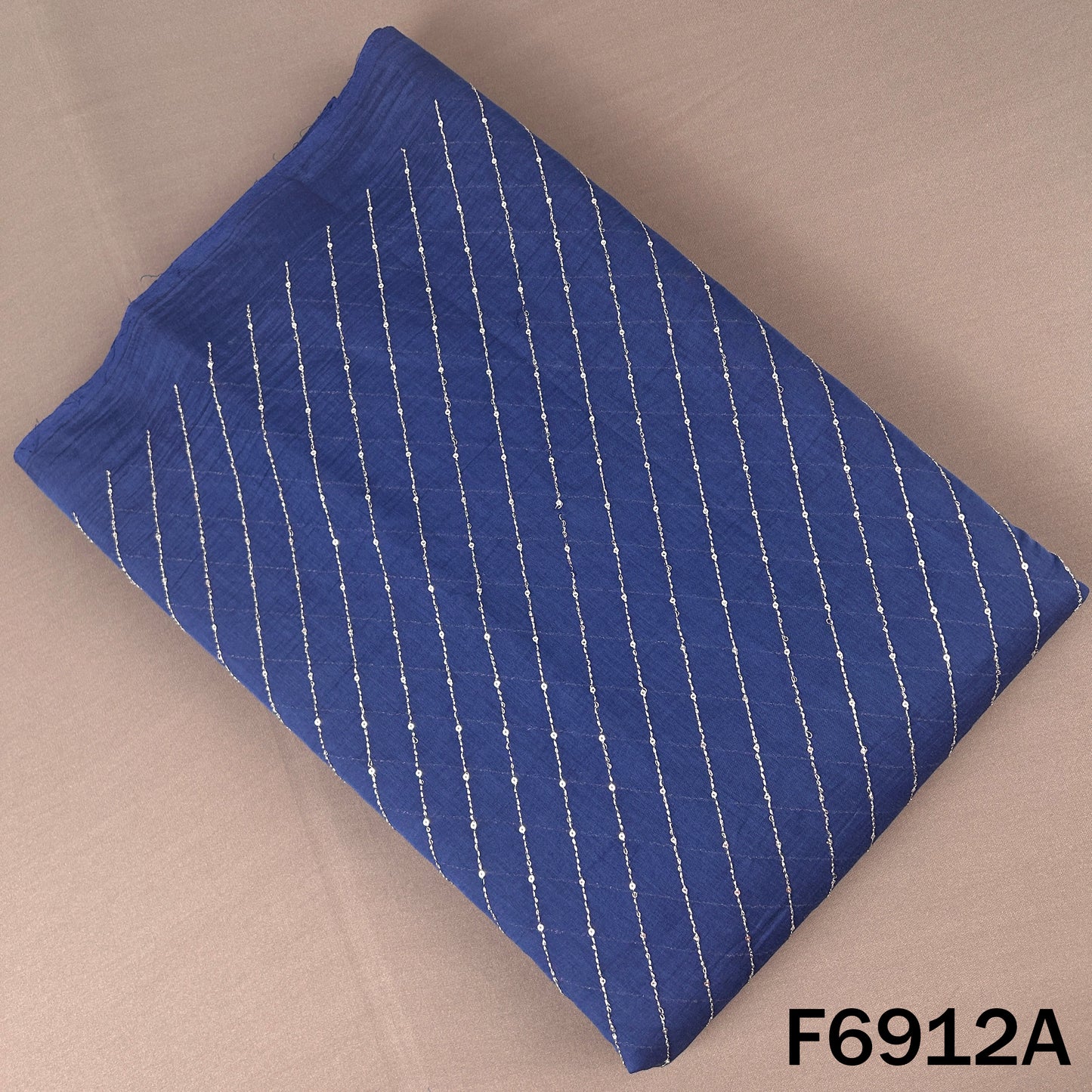 F6912A navy Mul Chanderi top fabric featuring fine diagonal zari lines with subtle sequins shine