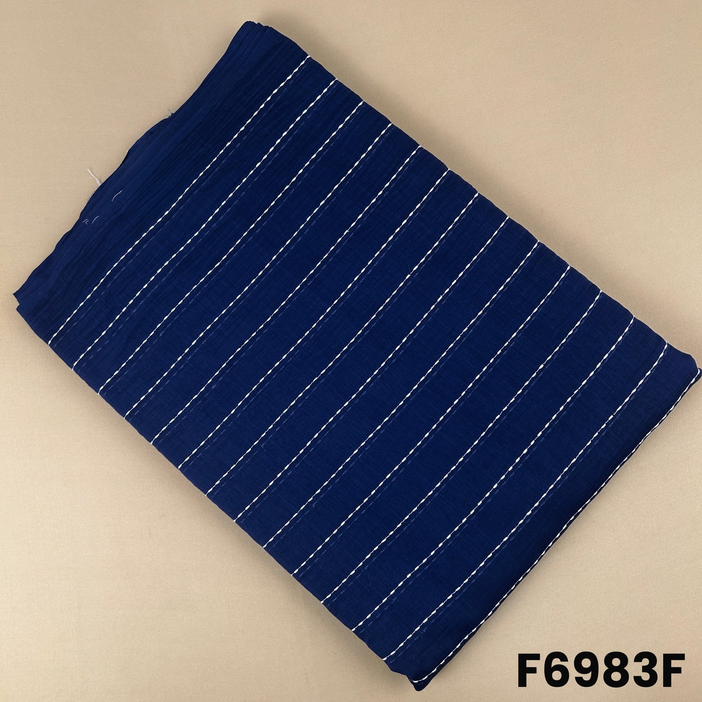 Navy blue Mul Chanderi fabric F6983F with fine stripe detailing for classic ethnic styling