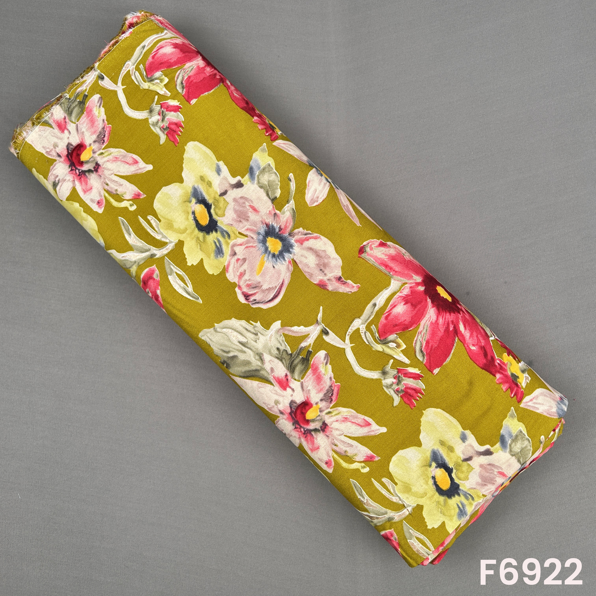 Olive green foil print rayon fabric F6922 with oversized flowers in pink, ivory, yellow and blue shades