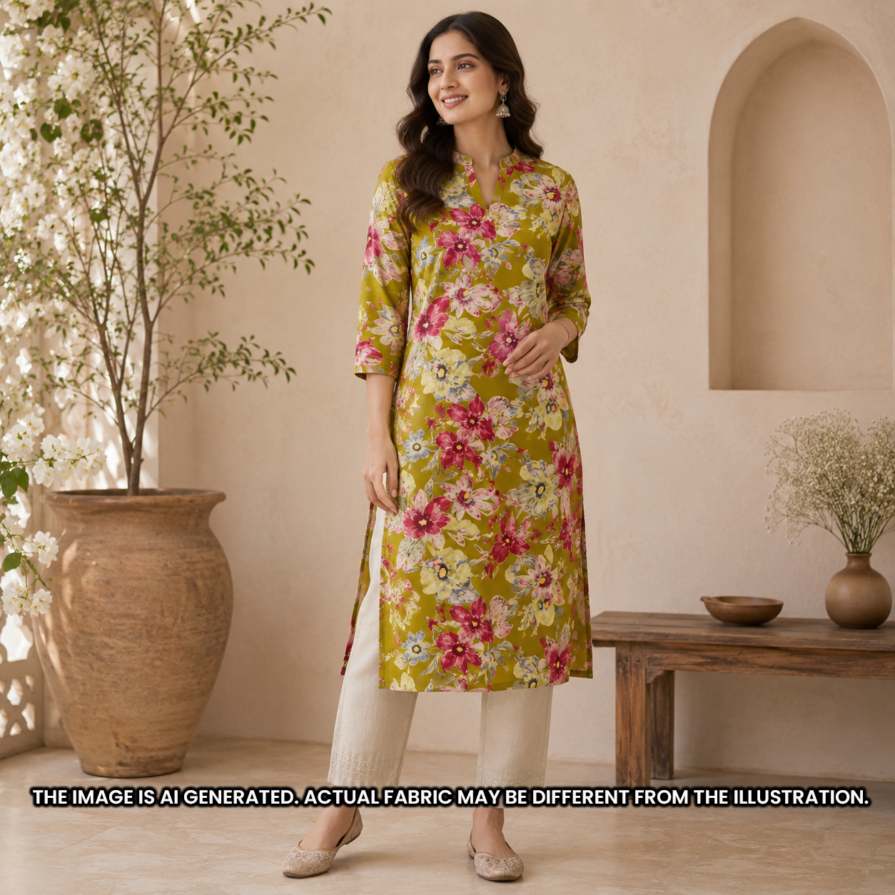 Indian model wearing an olive floral kurti designed from soft foil printed rayon fabric F6922