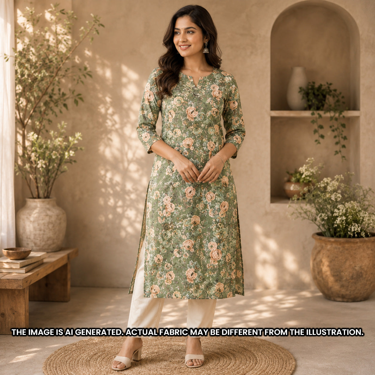 Indian model wearing an elegant olive floral kurti tailored from soft rayon design F6956