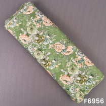 Olive green printed rayon fabric F6956 featuring peach roses, muted foliage and vintage botanical styling