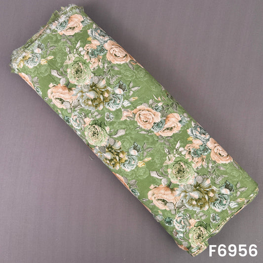 Olive green printed rayon fabric F6956 featuring peach roses, muted foliage and vintage botanical styling