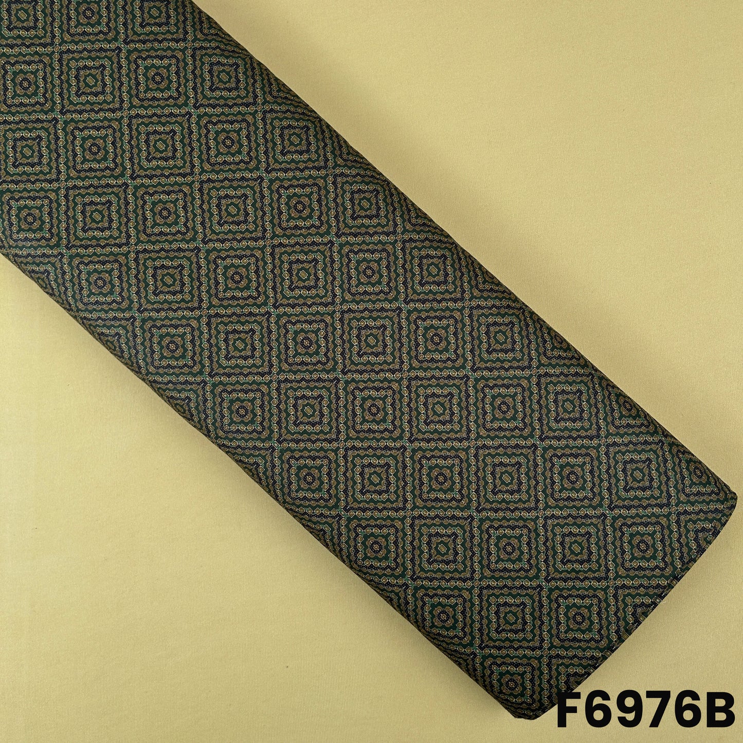 Olive green Semi Linen fabric F6976B designed with heritage-style geometric artwork for casual outfits