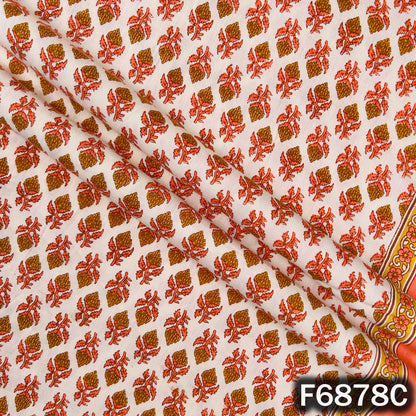 Close-up of orange block print cotton fabric F6878C with vibrant floral pattern