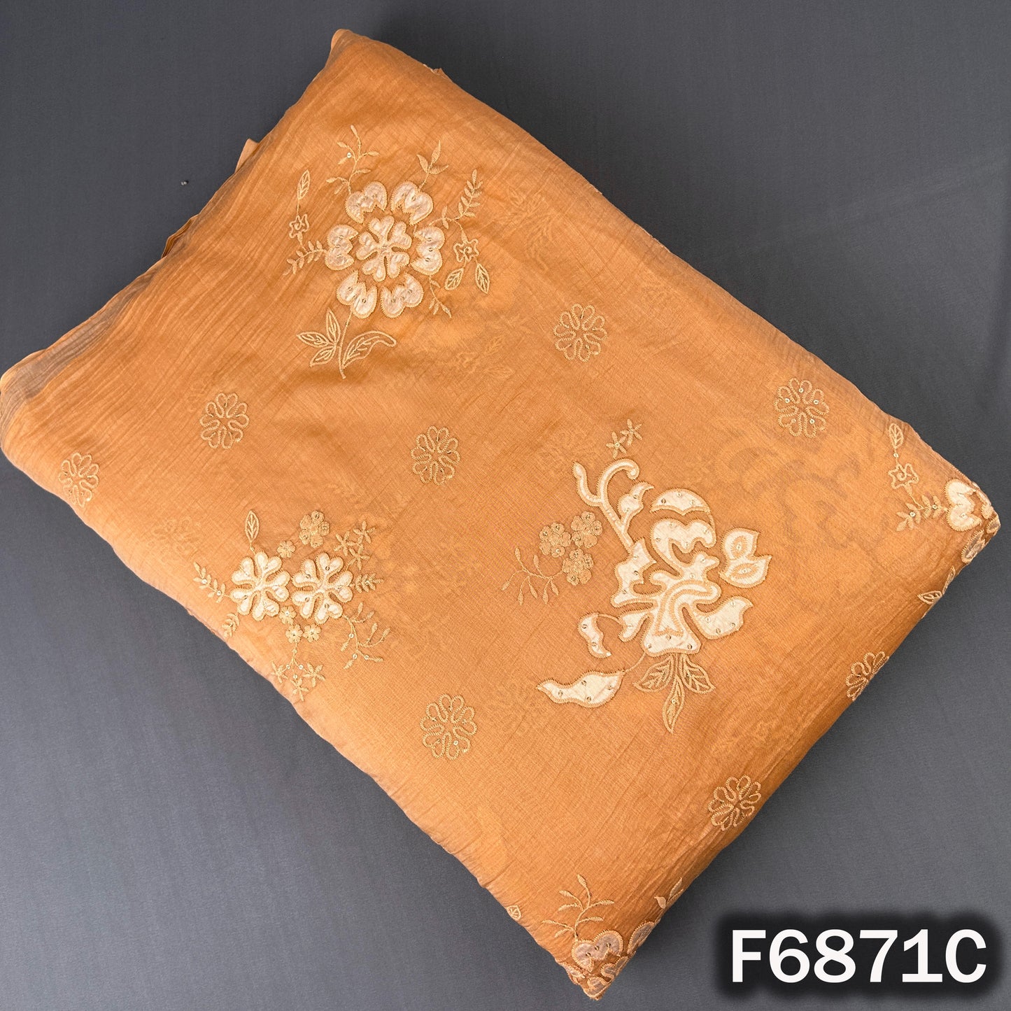 Orange Mul Chanderi fabric F6871C with premium floral thread and sequins embroidery