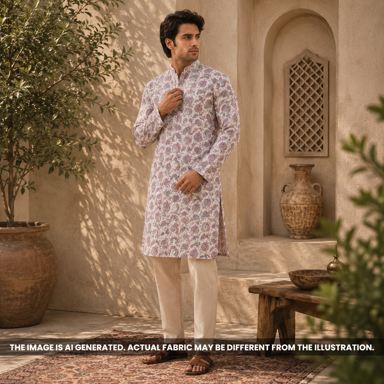 Indian male model styled in a kurta crafted from pastel paisley semi silk fabric F6977