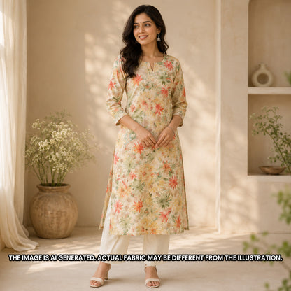 Indian model wearing a pastel floral kurti tailored from lightweight rayon design F6954