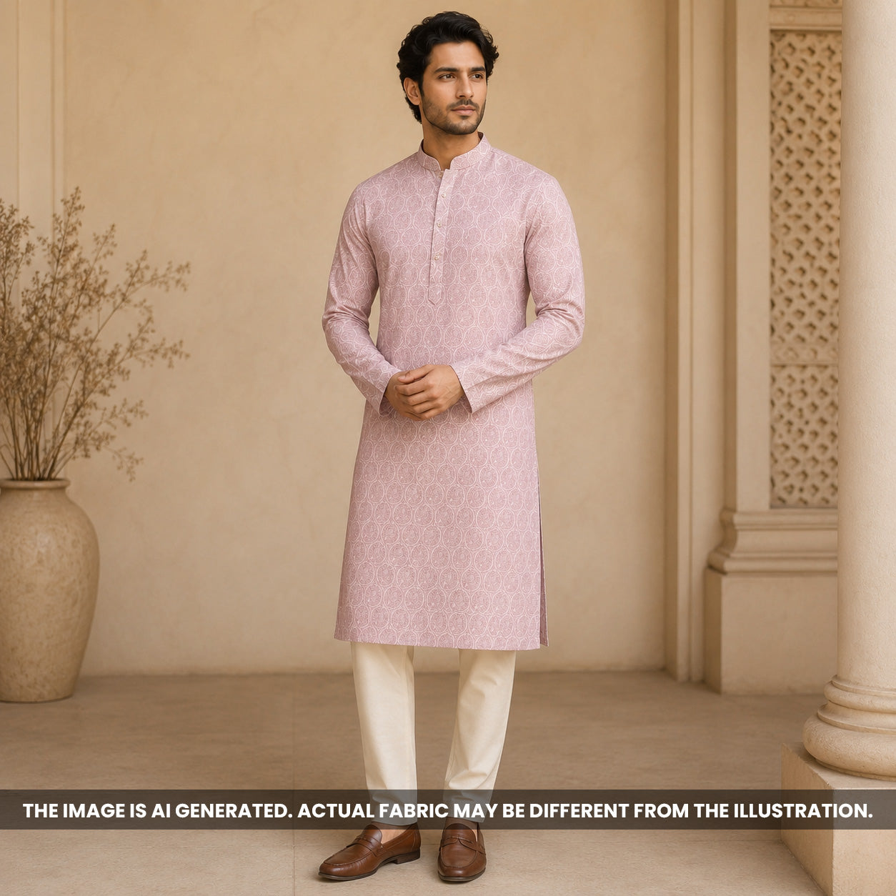 Indian male model styled in a pastel lilac kurta crafted from breathable Semi Linen fabric F6970