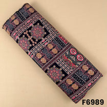 Black foil print rayon fabric F6989 with patchwork-inspired ethnic motifs, floral details and ornamental borders