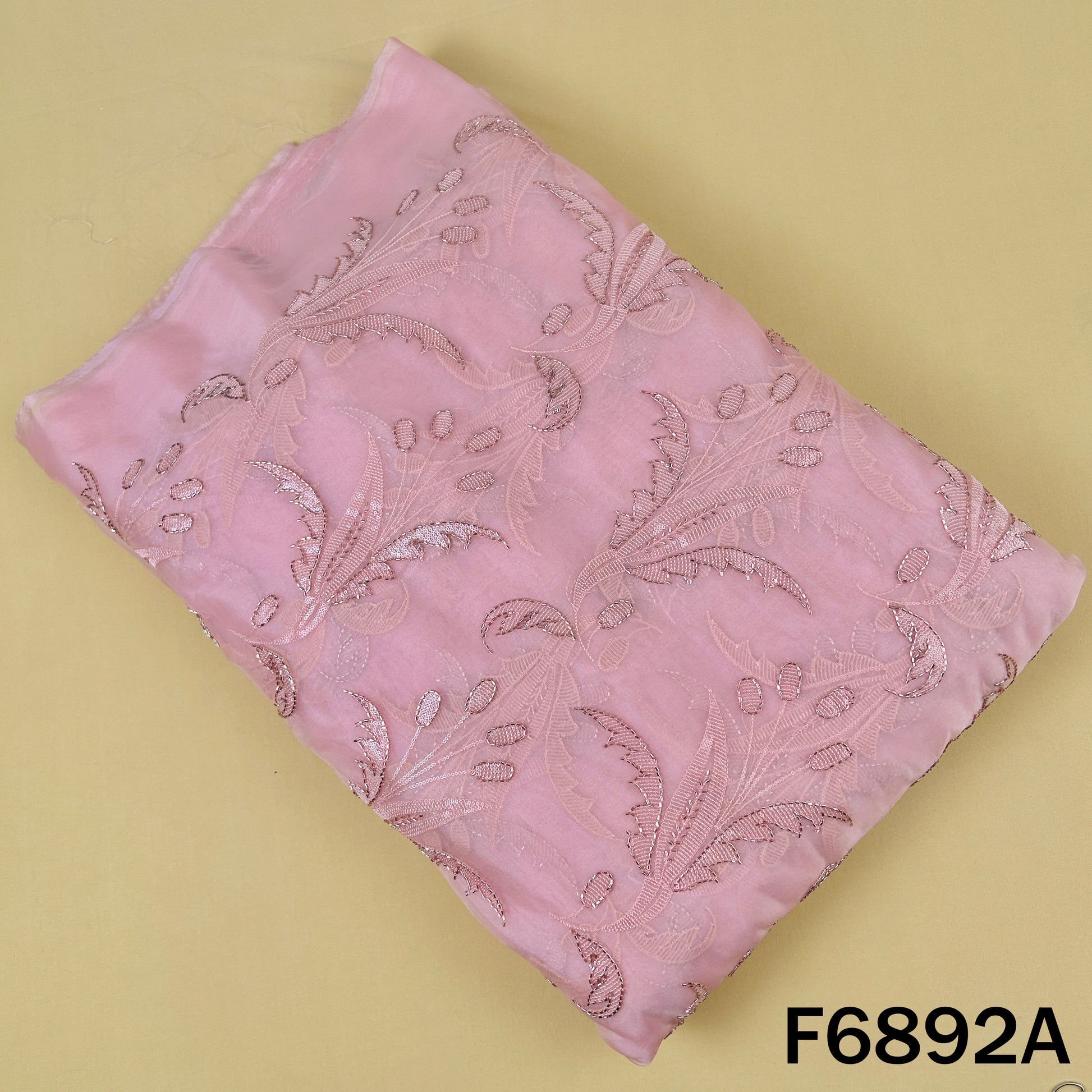 Pink organza fabric F6892A decorated with delicate thread embroidery, cut dana highlights and sequins work