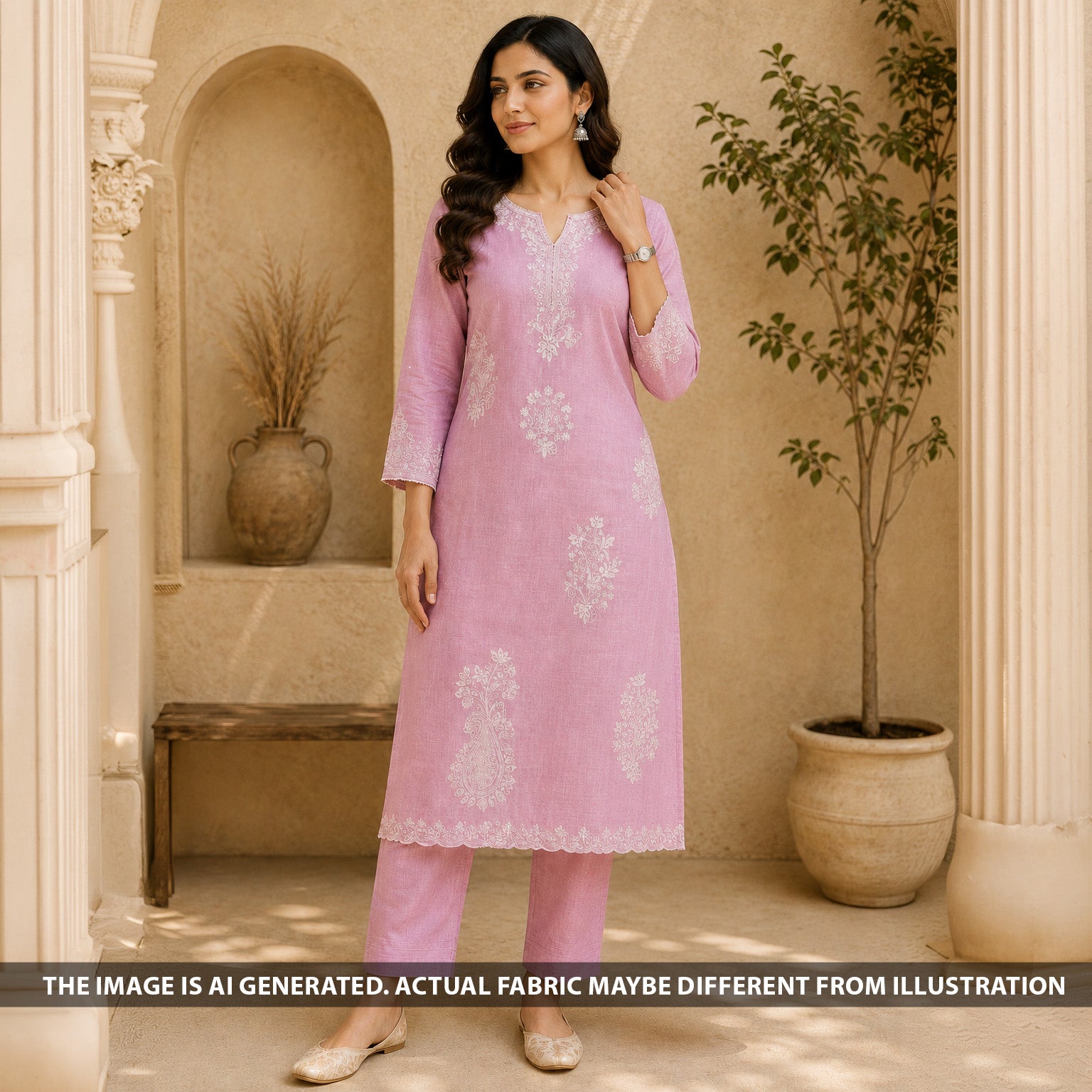 Indian model wearing a pink linen suit created from FabricRoot F6903 embroidered fabric