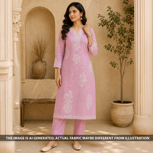 Indian model wearing a pink linen suit created from FabricRoot F6903 embroidered fabric