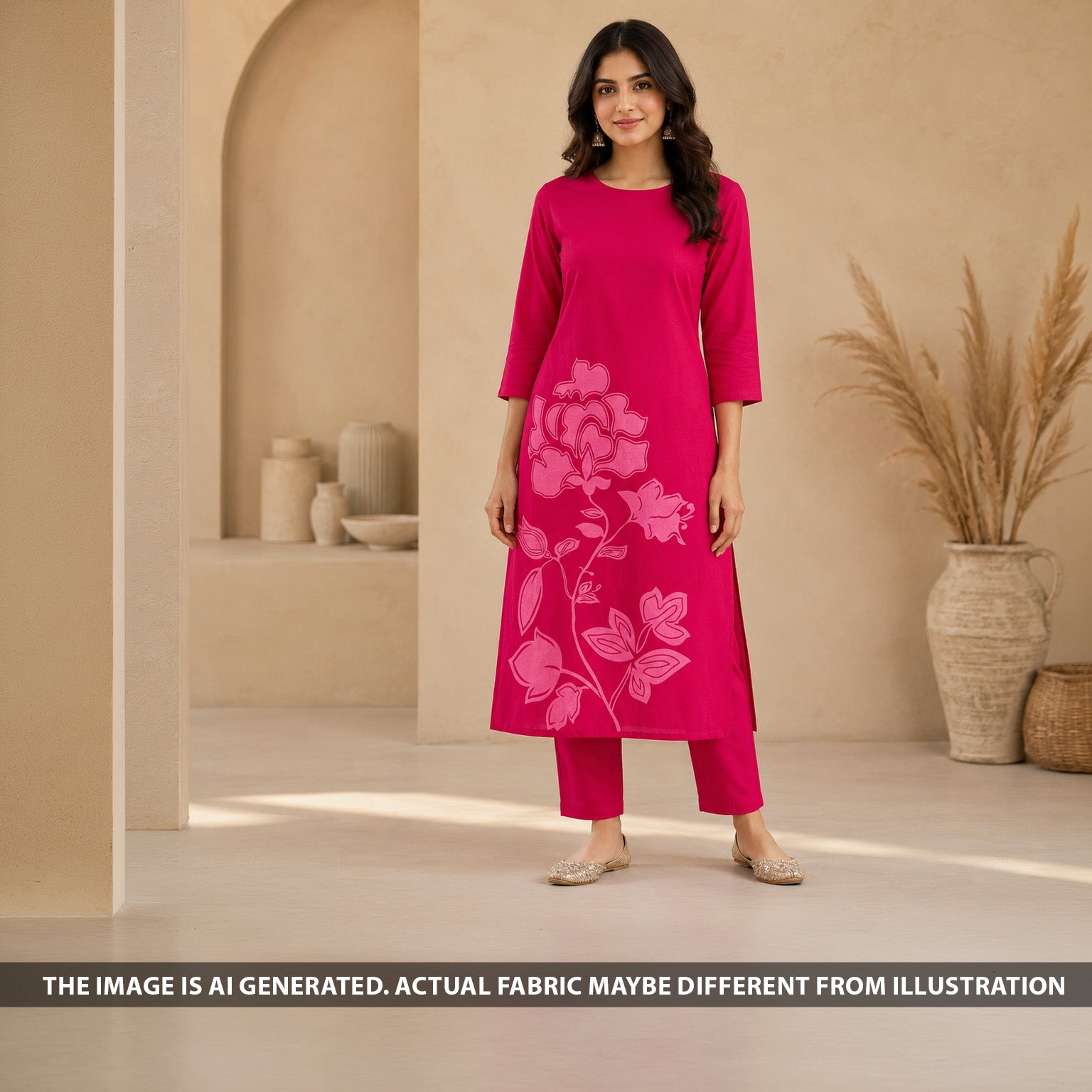 Indian model wearing a pink kurti made from Printed Cotton fabric F6963 with bold floral artwork