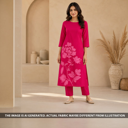 Indian model wearing a pink kurti made from Printed Cotton fabric F6963 with bold floral artwork