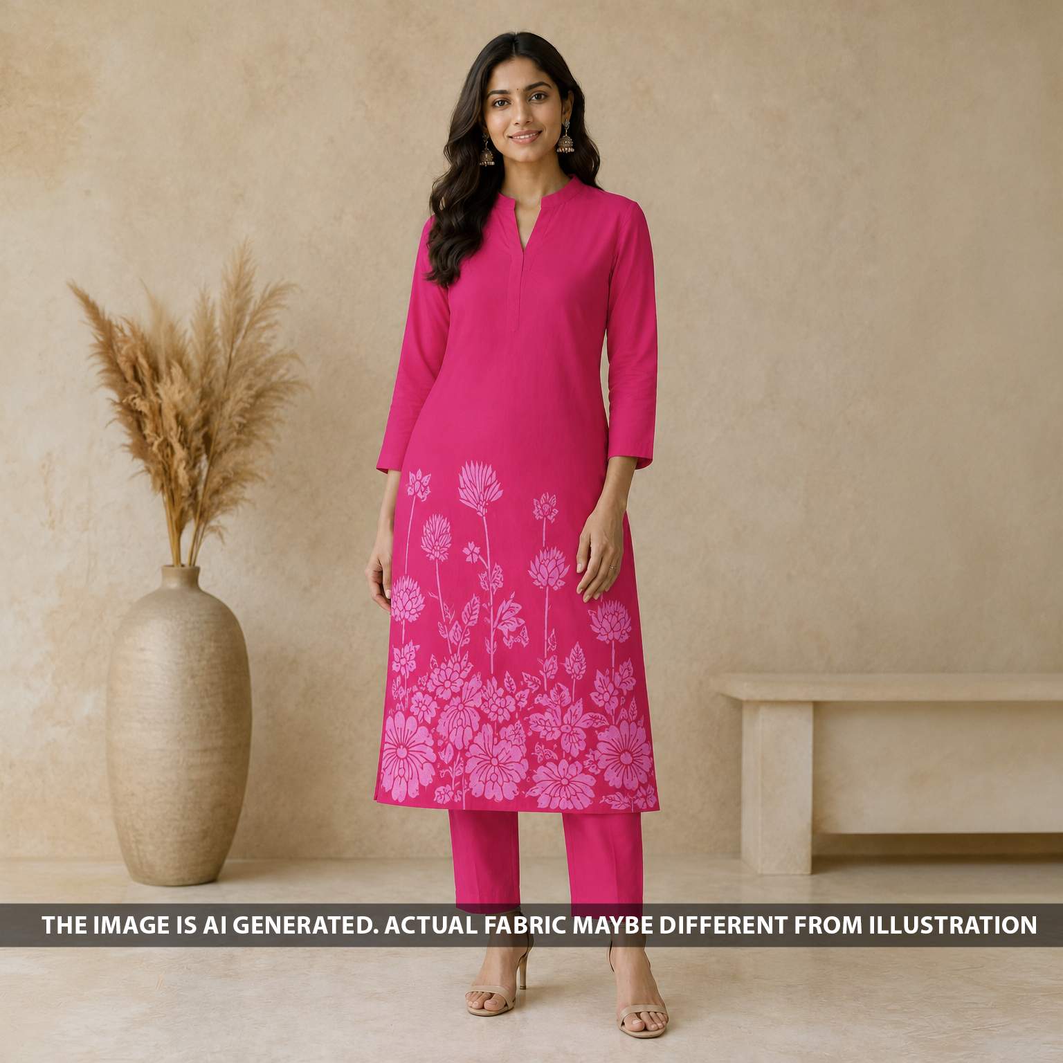 Indian model wearing a pink printed cotton suit set made from FabricRoot F6959 fabric