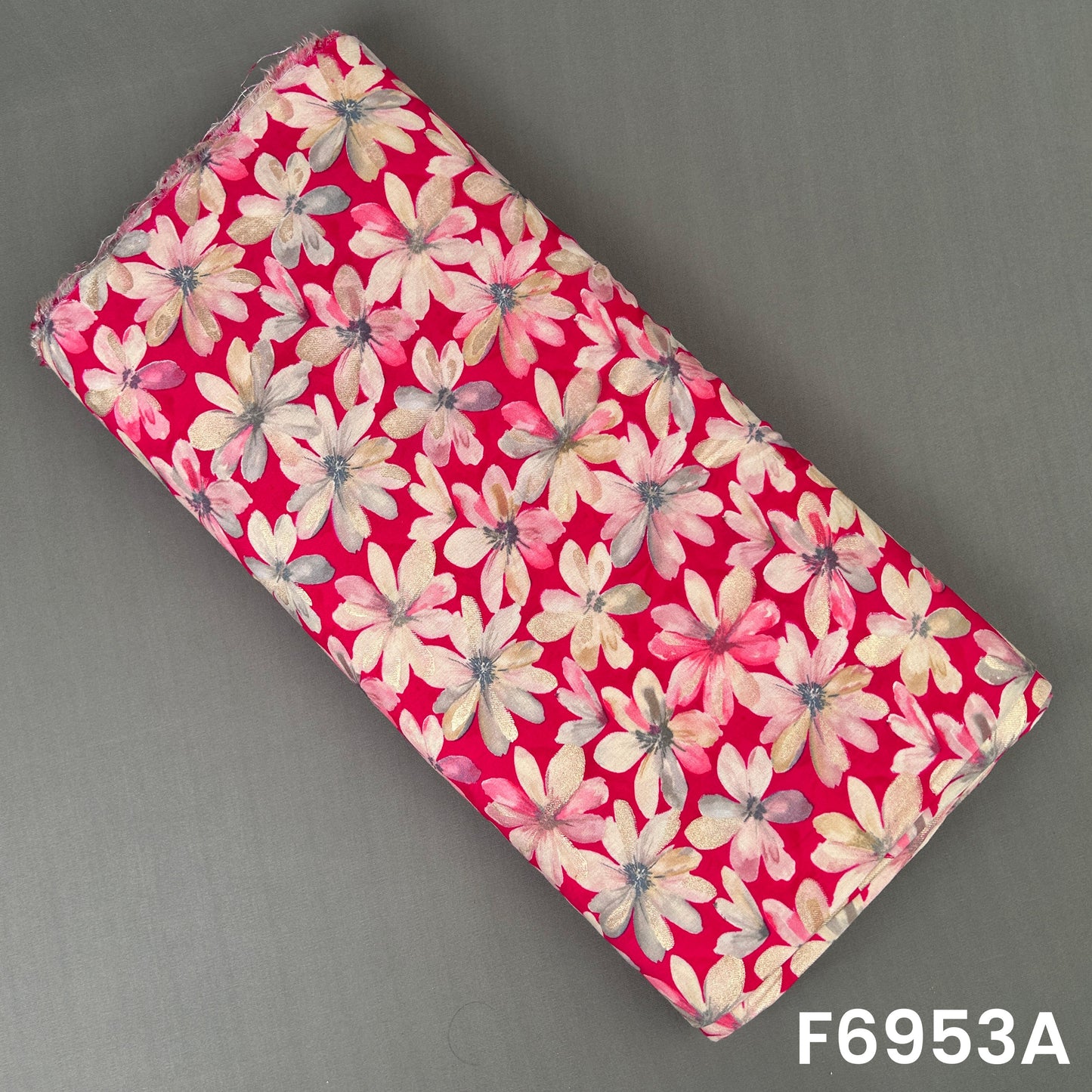 Bright pink rayon fabric F6953A decorated with ivory leaf clusters and subtle metallic foil highlights