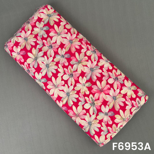 Bright pink rayon fabric F6953A decorated with ivory leaf clusters and subtle metallic foil highlights
